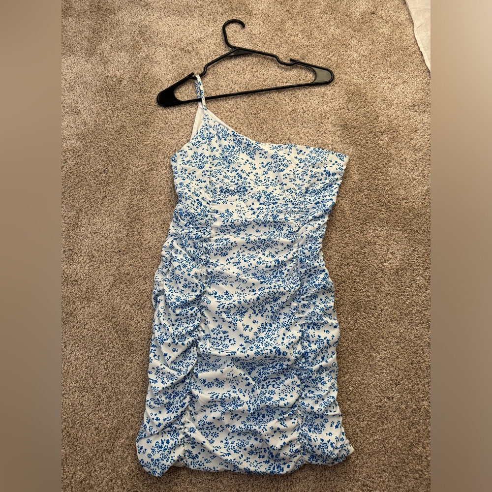 Blue floral one shoulder mini dress